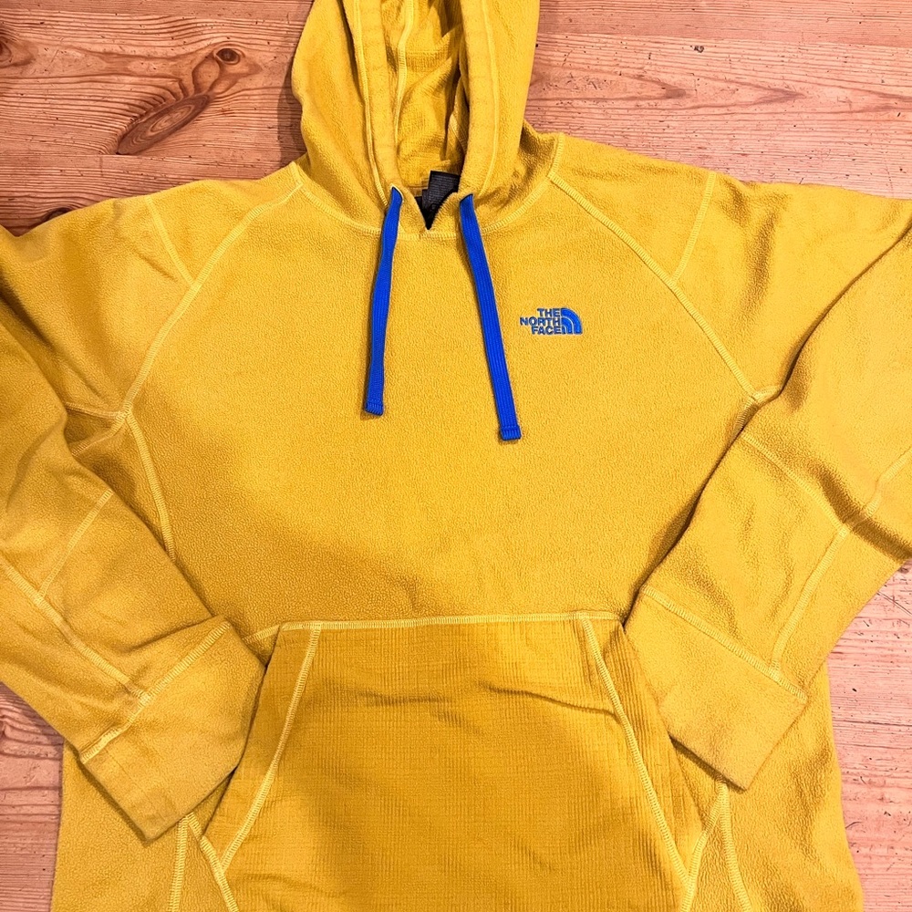 North Face, mustard fleece hoodie with indigo details